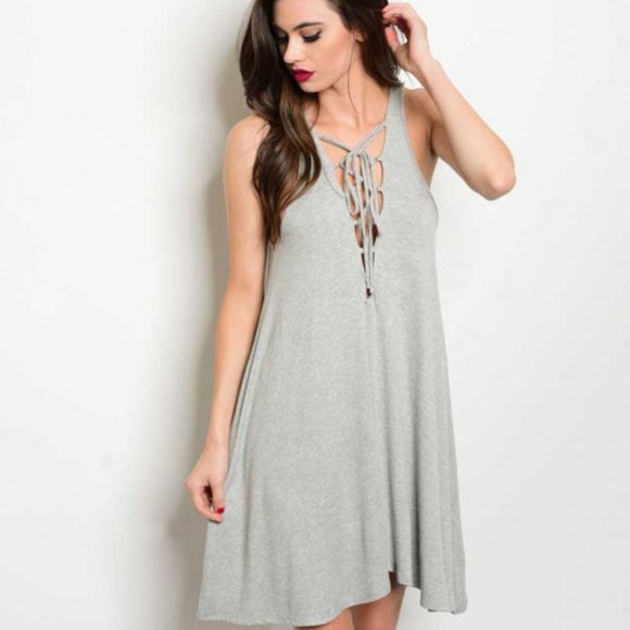 TUNIC DRESS GRAY LACE FRONT DRESS - Picture 2 of 3